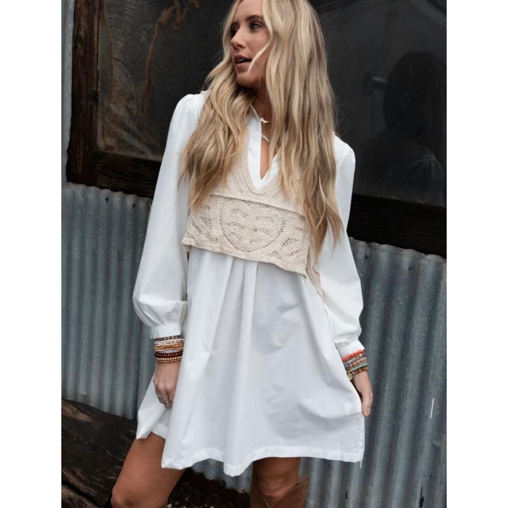 Zara White Cotton Long Sleeve Mini Shirt Dress with Tan Crochet Vest Size Large
